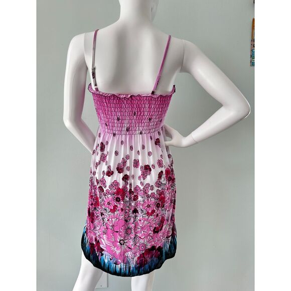 Vintage Y2k Sundress Casual Pink & White Flower Print Smocked Bodice Dress Small - Picture 2 of 7